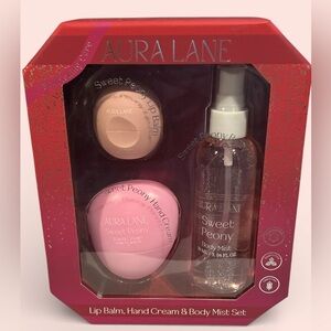 Aura Lane Sweet Peony Lip Balm, Hand Cream & Body Mist Set
NWT